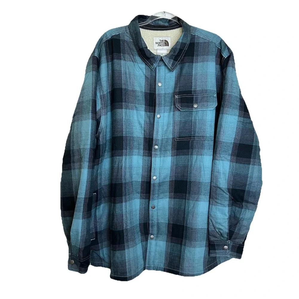 Men's The North Face Campshire Shirt Sz 3XL Sherpa Lined Snap Jacket Blue‎ Plaid